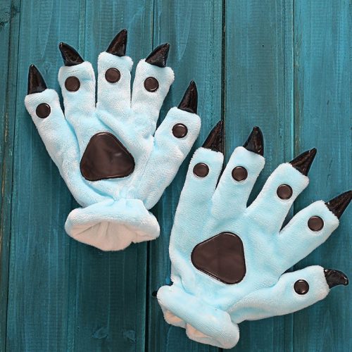 Christmas Halloween Unisex Boys Girls Flannel Light Blue Bear Animal Hands Paw Gloves