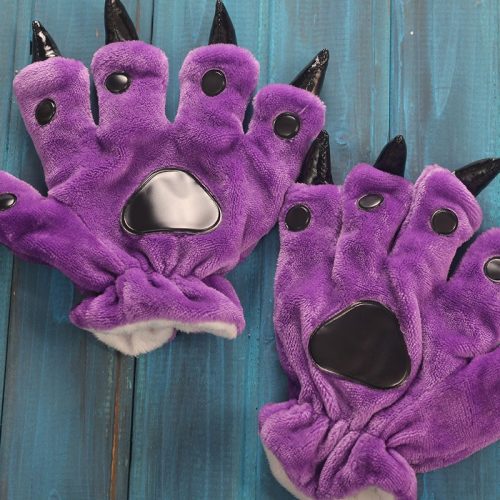 Christmas Halloween Unisex Boys Girls Purple Bear Cat Animal Hands Paw Gloves