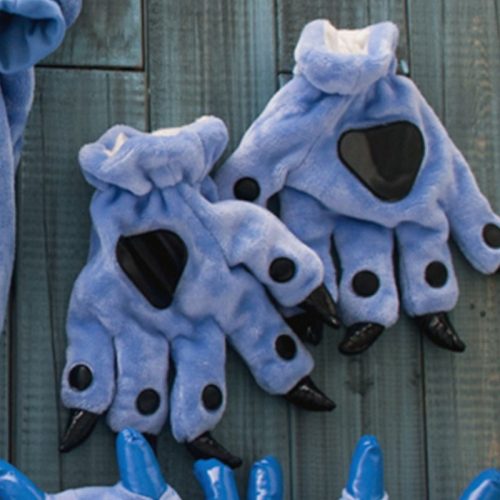 Christmas Halloween Unisex Boys Girls Flannel Blue Cat Bear Animal Hands Paw Gloves